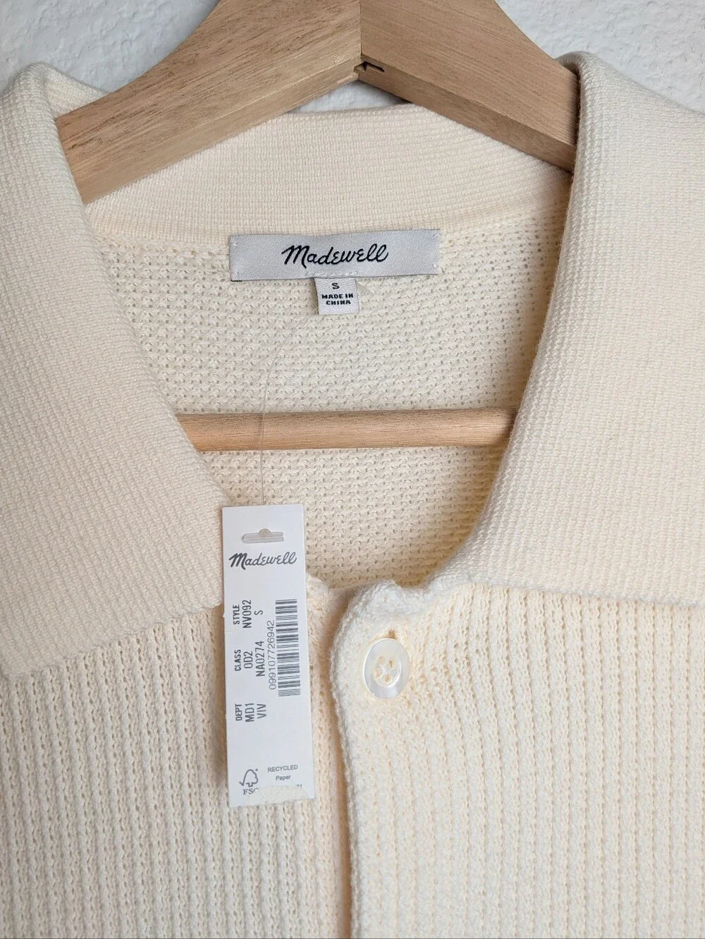 NWT Madewell Men's Tuck-stitch Button-up Sweater Polo Knit Shirt S Cream Preppy